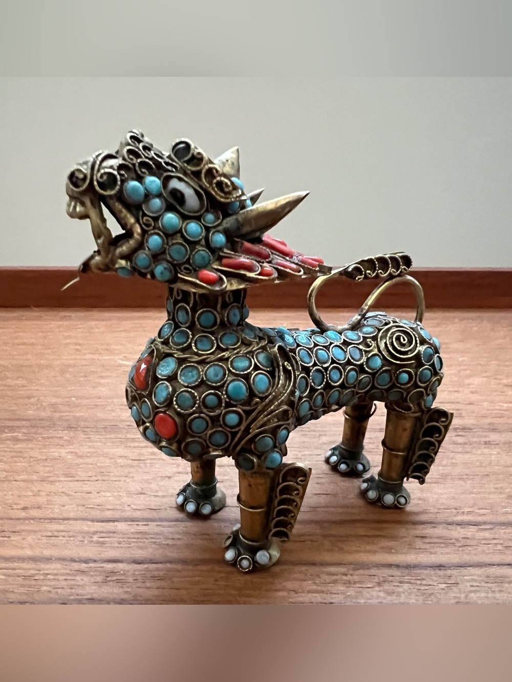 Antique Tibetan Filigree Brass Inlay Snuff Bottle Lion Foo Dog